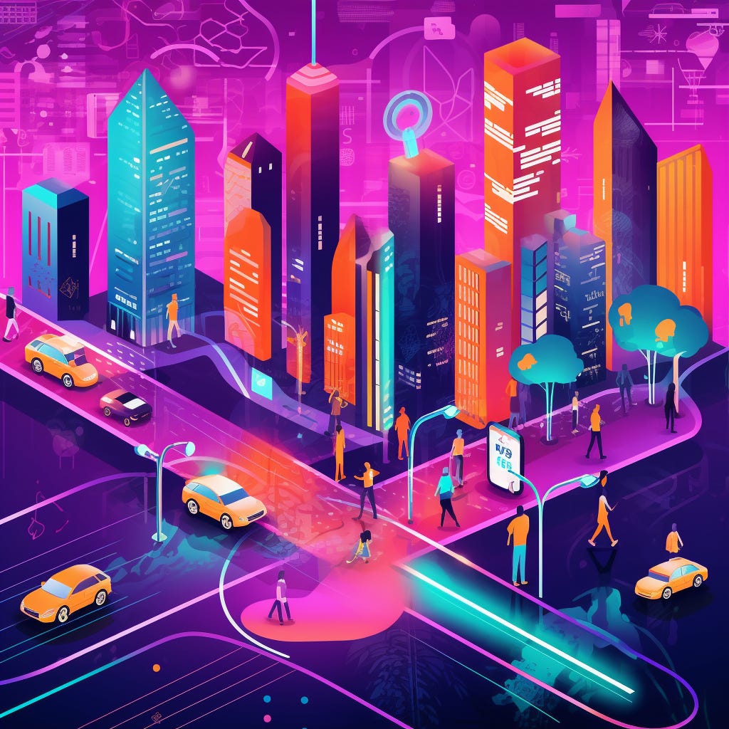 The image portrays a futuristic cityscape illuminated with a network of glowing lines, symbolizing 5G connectivity. An autonomous car on a road and a person using a smartphone, both enveloped in the light of the 5G network, represent the real-time capabilities and personal benefits of this technology. The use of bright colors and glowing lines signifies speed, innovation, and the transformative potential of 5G networks.