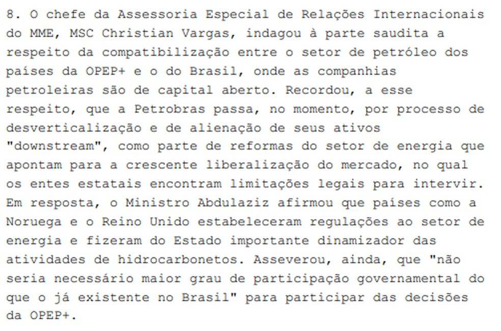Trecho de telegrama que fala sobre venda de ativos da Petrobras e possível participação na OPEP+. — Foto: Reprodução