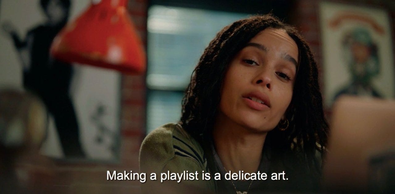 zoe kravitz as the character "rob", where she says "making a playlist is a delicate art".