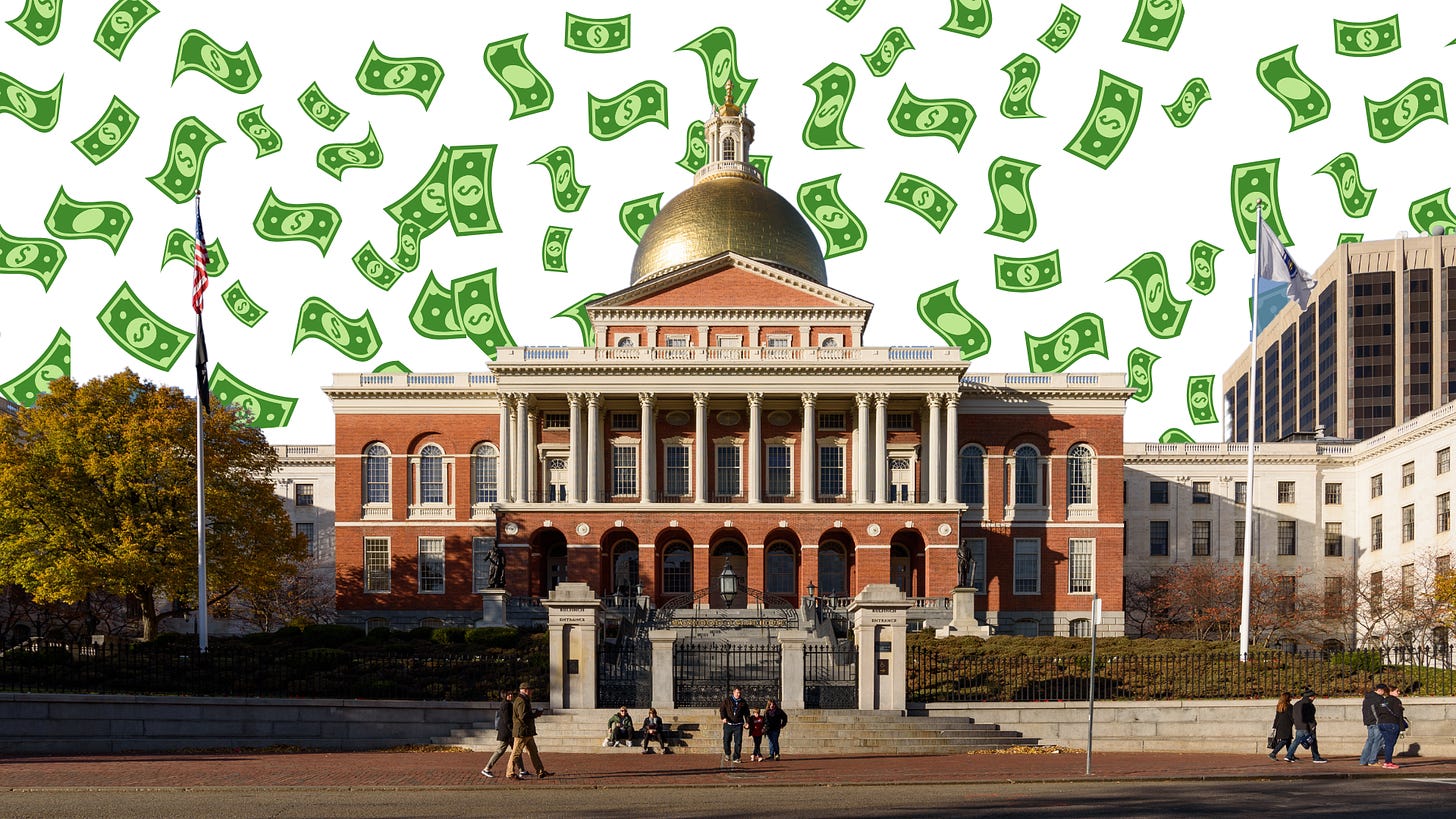 Massachusetts State House imposed over a sky filled with cash