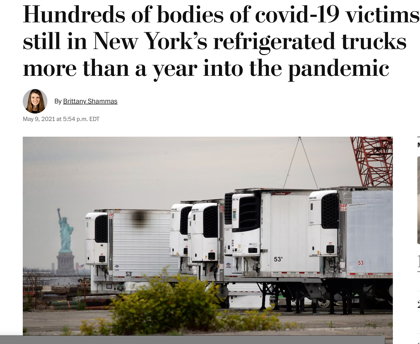 screenshot from Washington Post news article: Hundredds of bodies of Covid victims still in New York’s refrigerated trucks more than a year into the pandemic