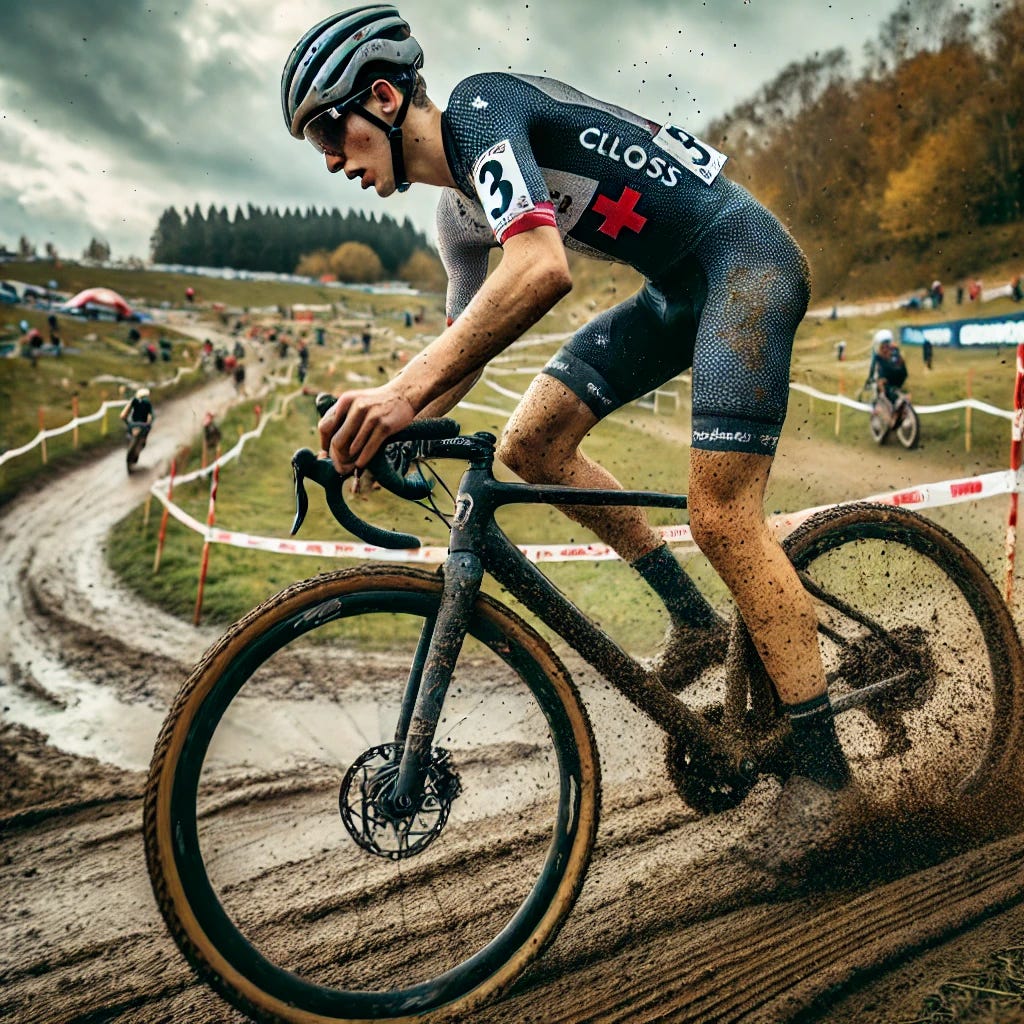 A cyclocross racer speeding through a muddy, off-road course during a competitive race. The cyclist is wearing a race kit, helmet, and has a number pinned to their jersey. They are navigating tight corners and obstacles, with a dirt bike trail in the background. The atmosphere is intense, with spectators cheering on the sidelines, and the sky is cloudy, hinting at recent rain.