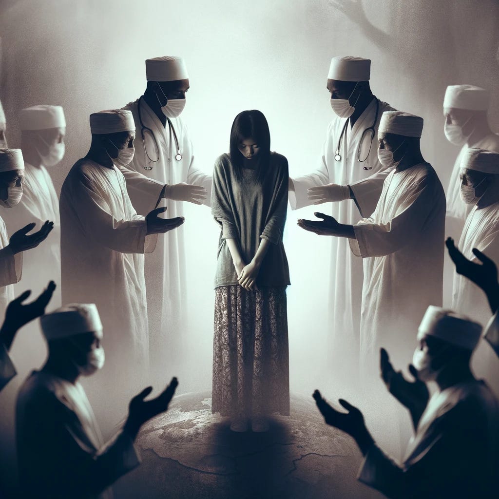 A visually striking image representing the concept of 'manipulation of women' in the context of medical practice. The image should convey a sense of predation, with a subtle yet powerful depiction. Imagine a woman in a vulnerable position, surrounded by shadowy figures in medical attire, with a predatory, ominous atmosphere. Use dark, muted colors to enhance the mood, with careful attention to the expressions and postures to avoid explicit or graphic content. The focus should be on creating a thought-provoking and impactful visual metaphor for the theme.