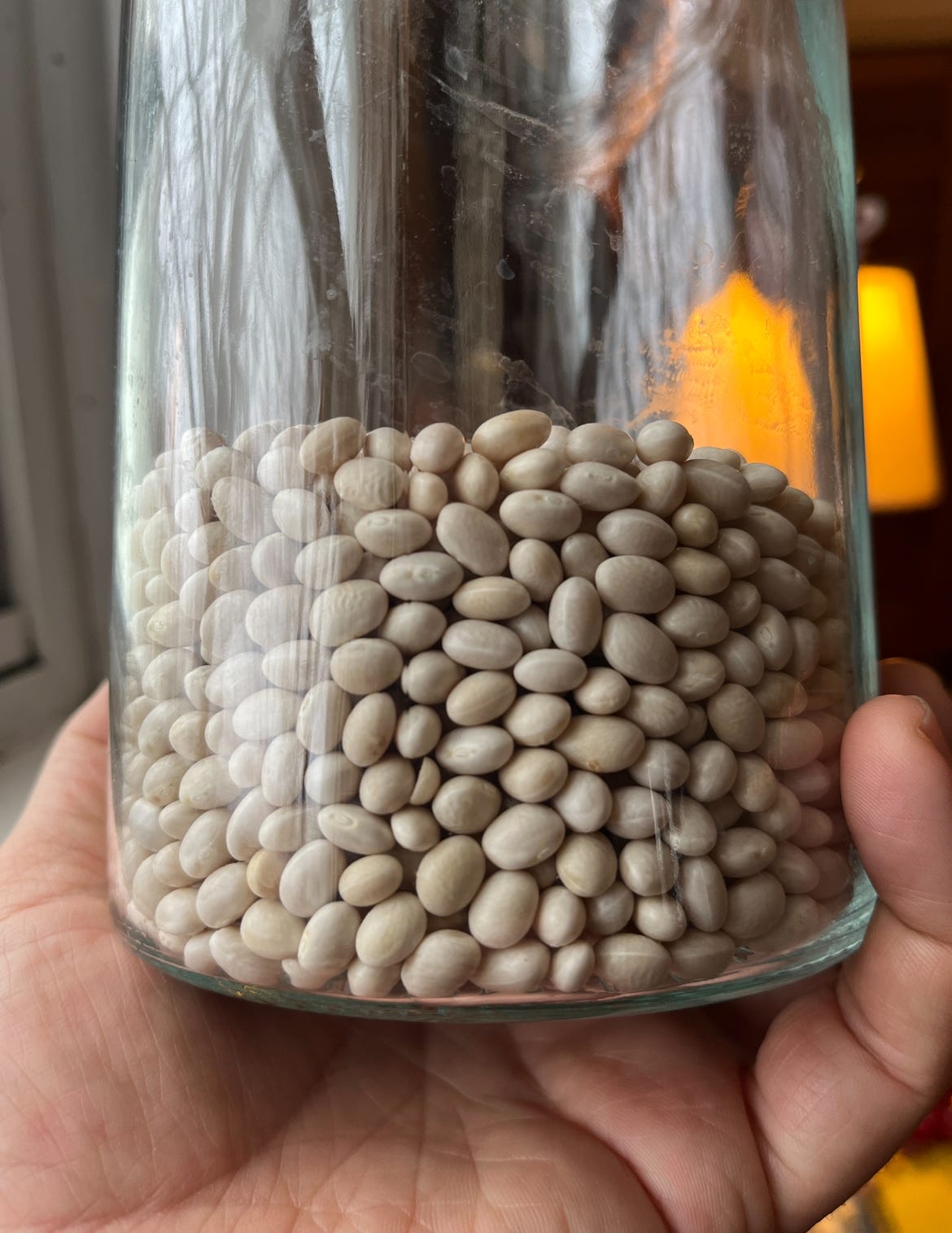 a large jar filled with dry navy beans