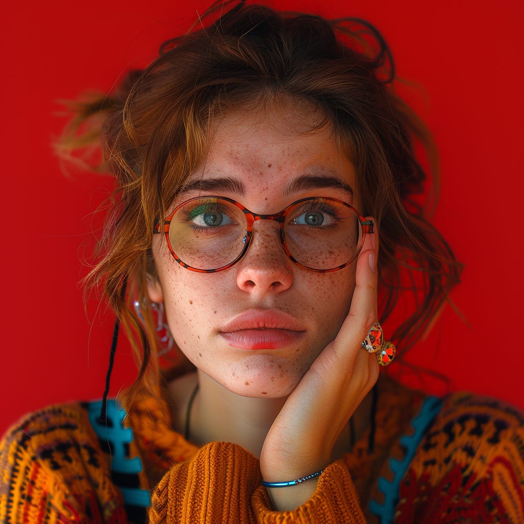 woman being angry, frowning, looking at the camera, with one hand covering her mouth, wearing eye glasses and accessories with contrasting vivid colors. A studio shot, contrasting colors, single vivid color flat background color