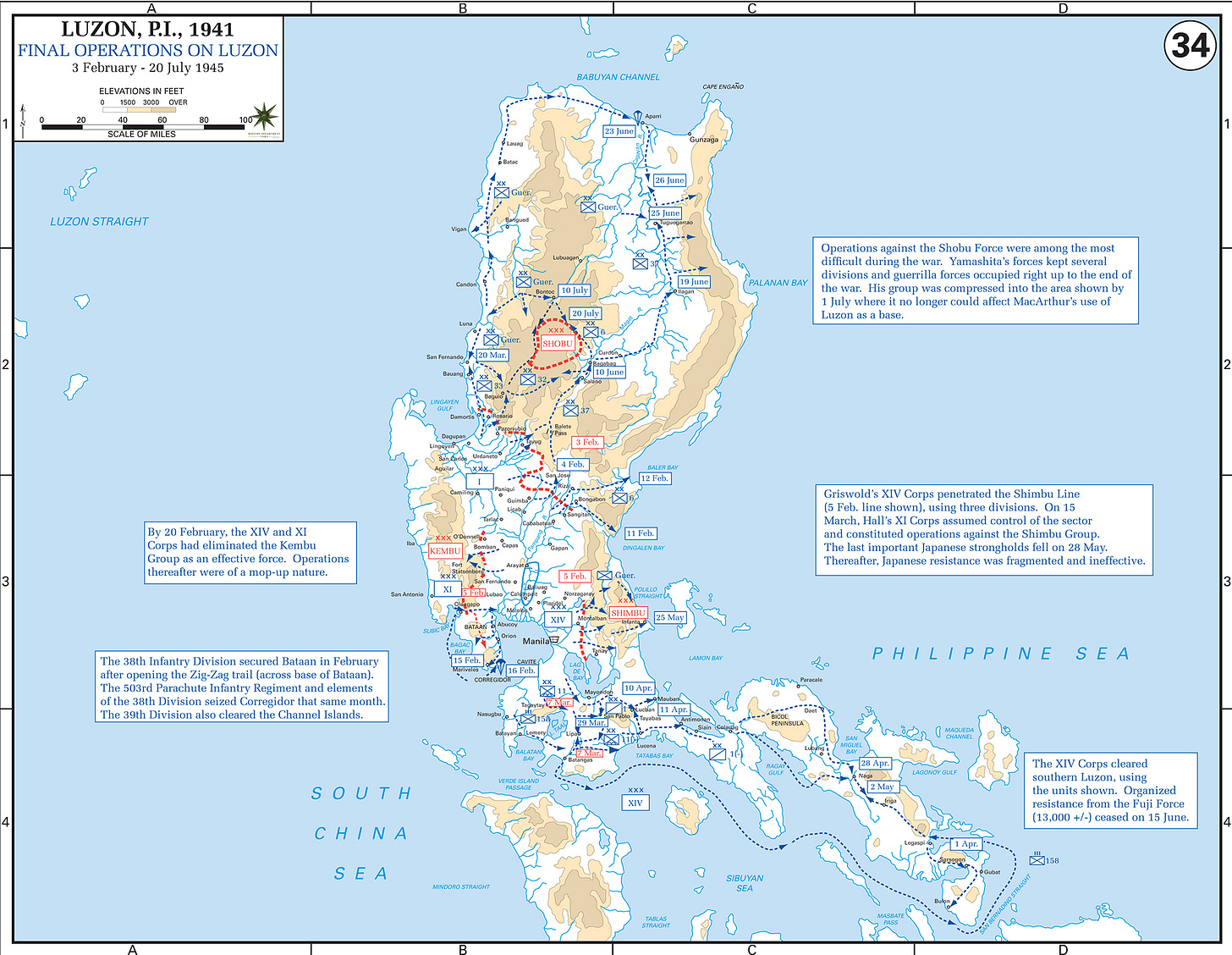 Map of World War II: The Philippine Islands, Luzon. Final Operations on Luzon 3 February - 20 July, 1945.