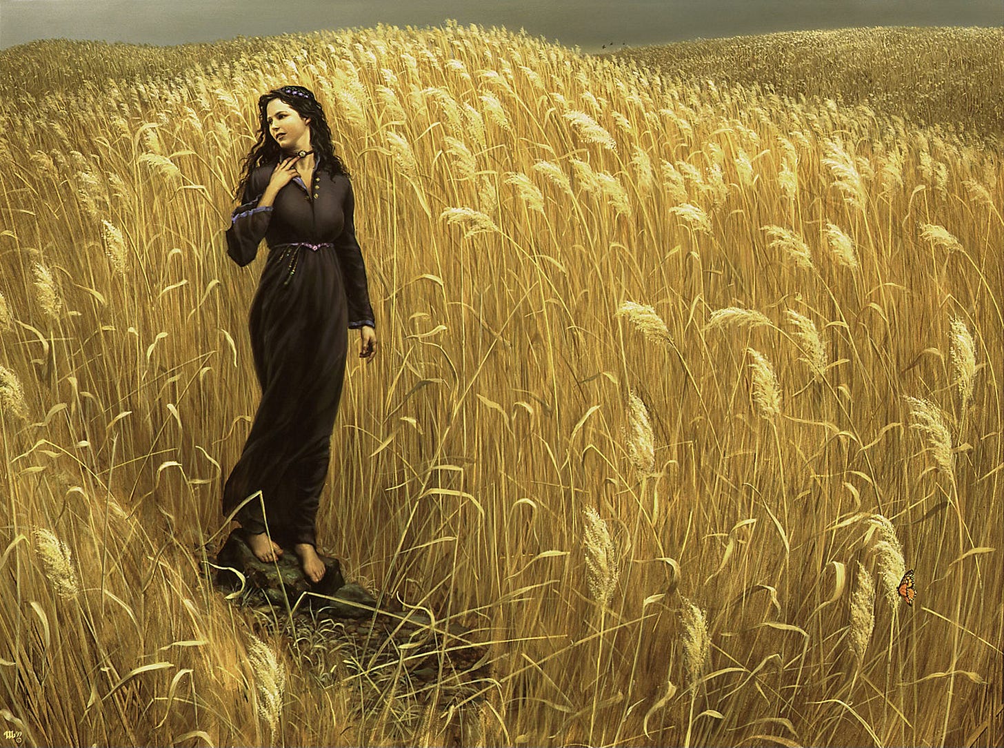 A barefoot woman in a long black dress stands on a rock in the middle of a golden field of wheat. The simple cut of her dress is accented with purple at the waist, cuffs and neck. Her face is framed by wavy dark hair as she tilts her head to the side. She reaches a hand to the "V" of her unbuttoned collar, simultaneously touching a broach, which is set in a plain black band around her neck. From the troubled set of her brow to her awkward foot position on the rock, her body language reads discomfort.