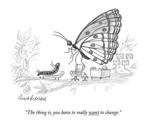 Butterfly speaks to a caterpillar: The thing is, you have to really want to change