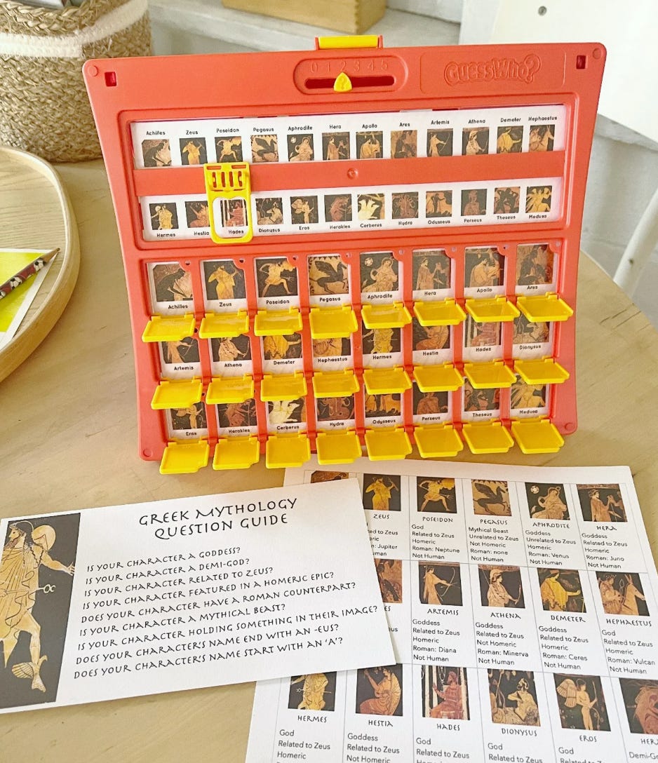 A red Guess Who board with images from red-figure vases in each picture spot