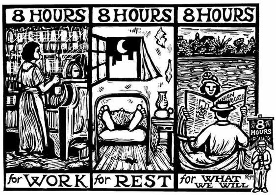 Wood cutout showing 3 panels with the words “8 hours for work, 8 hours for rest, 8 hours for what we will”, with an image of a woman working in a factory, a person in bed sleeping, and 2 people on a rowboat on a lake, reading the paper.