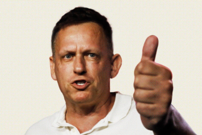 Pixelated image of Peter Thiel giving a thumbs up.