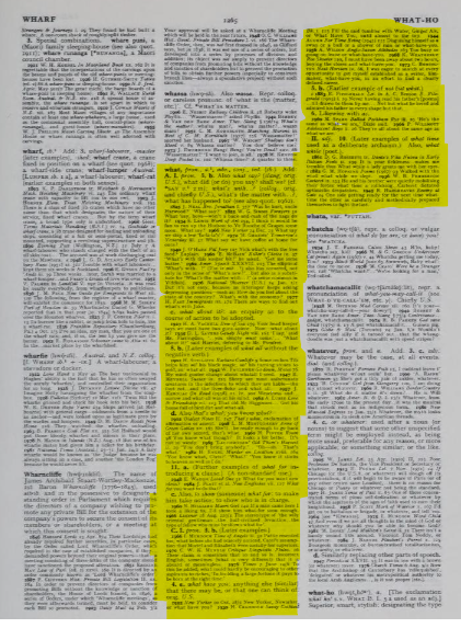 A scan of a dictionary page. There are three columns of text with definitions for words. The definition for the word 'what' is highlighted. It takes up 3/4 of the middle column and 1/3 of the right column. It is significantly fewer than 15,000 words long and significantly shorter than 5 pages.