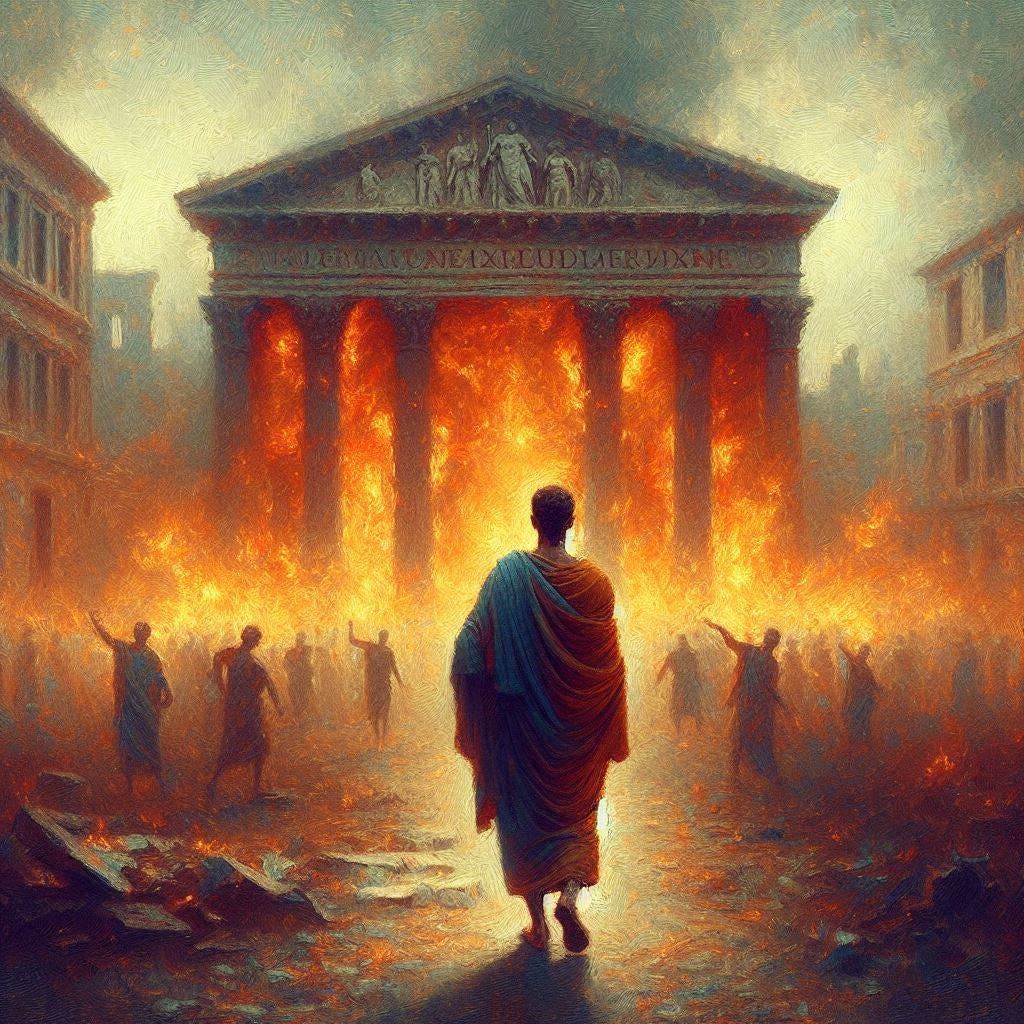 An ancient stoic philosopher walks calmly away out of a large Roman building that is on fire. Impressionist-style.