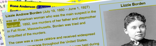 A photo of a Wikipedia entry about the case of Lizzie Borden, who was acquitted of the axe murders of her father and stepmother despite popularly being believed to be guilty. Beside the Wikipedia entry, which appears to sit on top of other documents of unknown relevance, is a black and white photograph of Lizzie Borden.