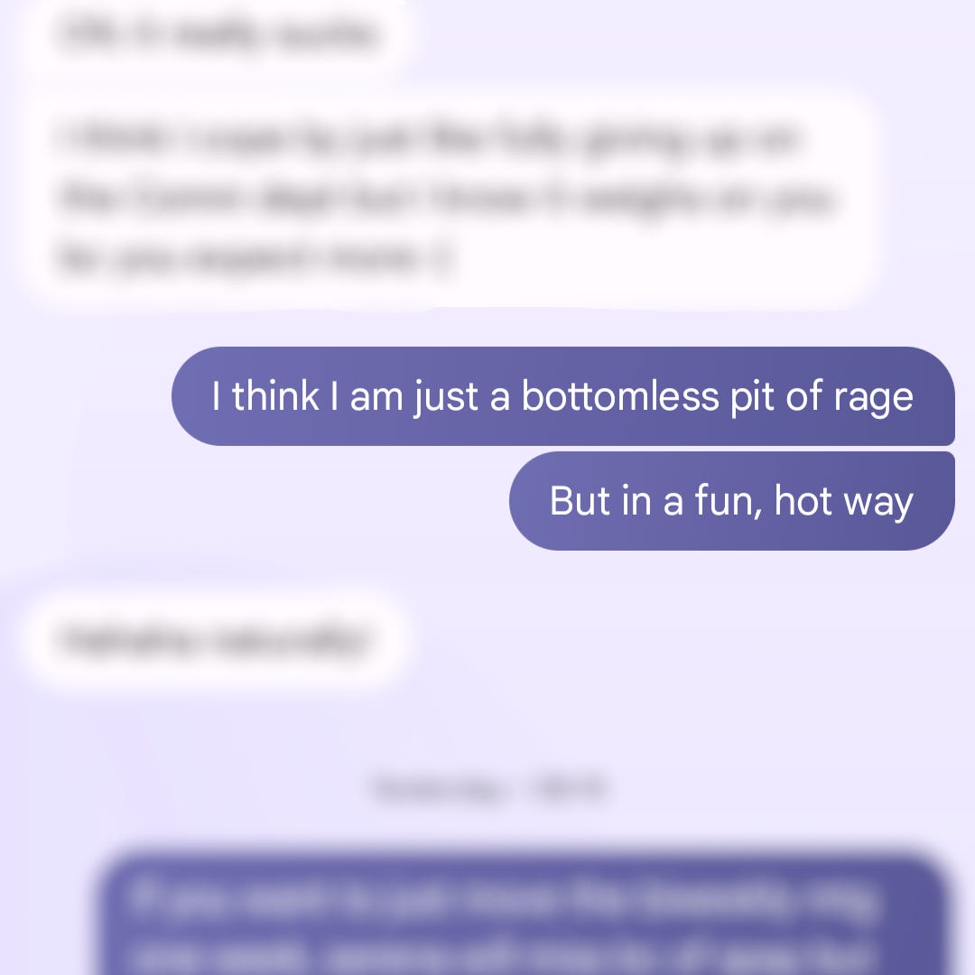A blurred text conversation with two messages in focus. The first reads "I think I am just a bottomless pit of rage." The second reads "In a fun, hot way."