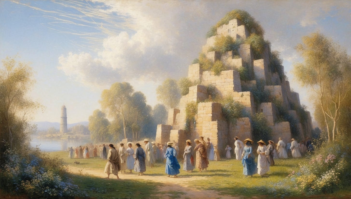 A serene and dreamy landscape painting in the style of Claude Monet, depicting the biblical scene of Genesis 11, where the tower of Babel rises majestically in the background, surrounded by lush greenery and vibrant flowers, with people of diverse skin tones and facial features, dressed in traditional ancient attire, busily constructing the tower, amidst a warm and soft color palette of blues, greens, and golds, with subtle brushstrokes and flickers of light, evoking a sense of tranquility and wonder, set against a cloudy sky with a few wispy strands of cirrus, with the tower's stone blocks and architectural details rendered in intricate textures and subtle shading, and the overall composition balanced by a sense of movement and energy, capturing the essence of Monet's Impressionist style.