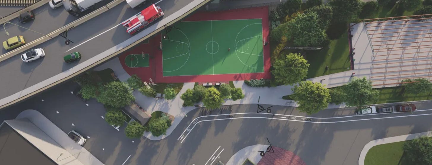 Une vue aérienne d’un futur terrain de basketball situé en partie sous le viaduc Rosemont-Van Horne.