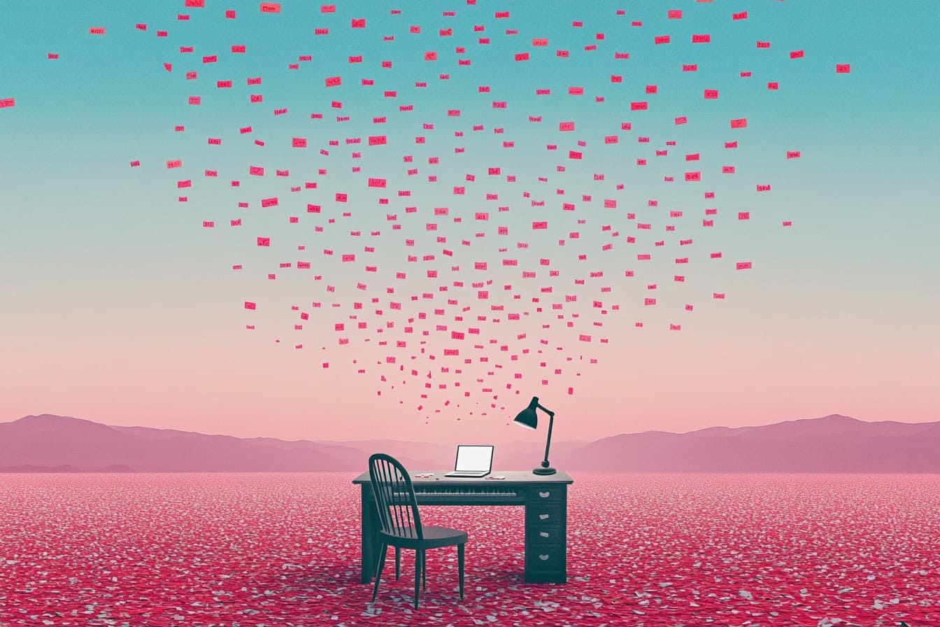 A desk in the middle of a red ground with floating red post-it notes and red mountains in the background