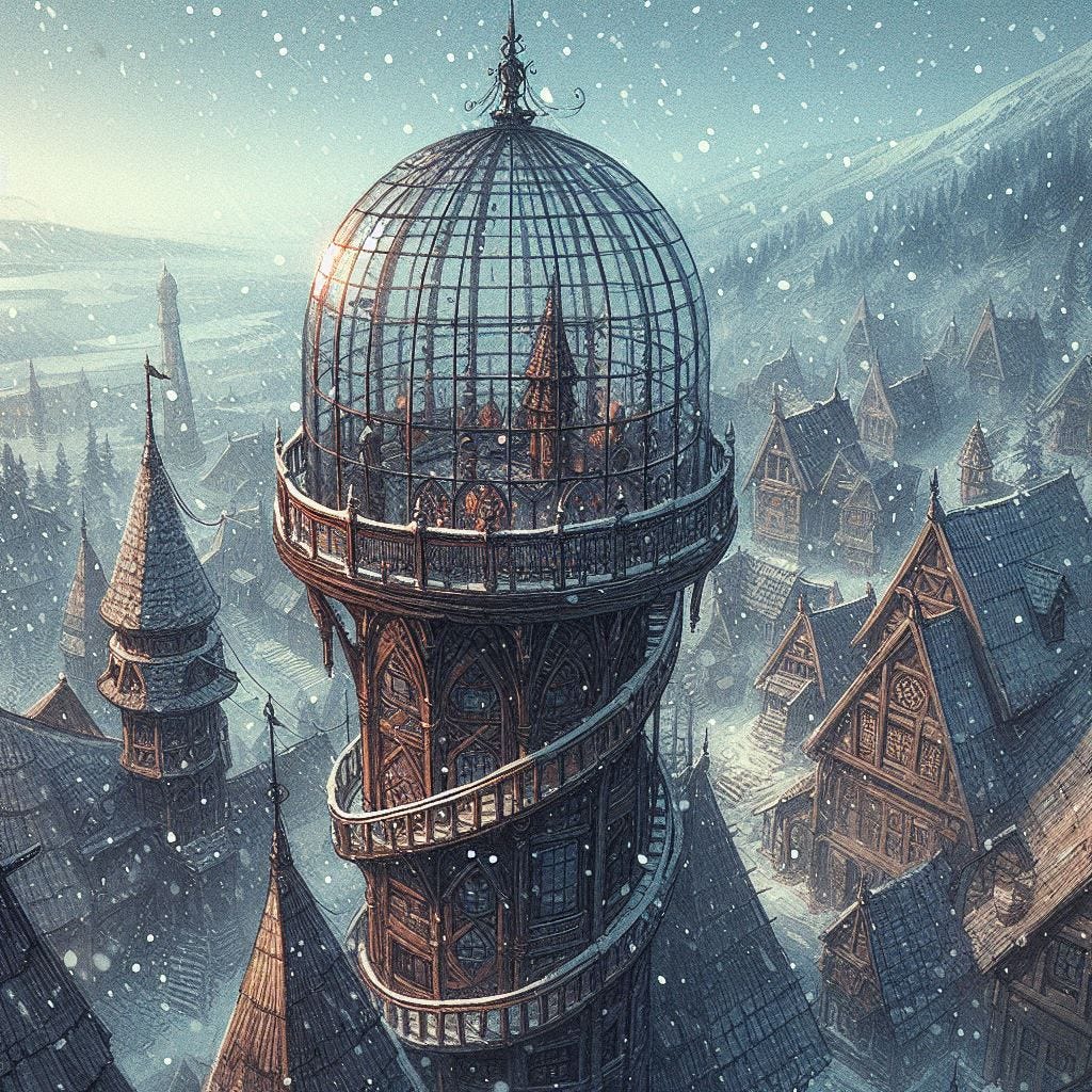 top of a tower in a glass dome as snow begins to fall, top of a spiral staircase, medieval viking town, dungeons and dragons fantasy drawing