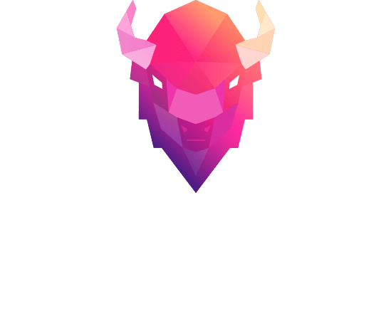 A pink and purple pixelated Bison. This is Bisonic's logo