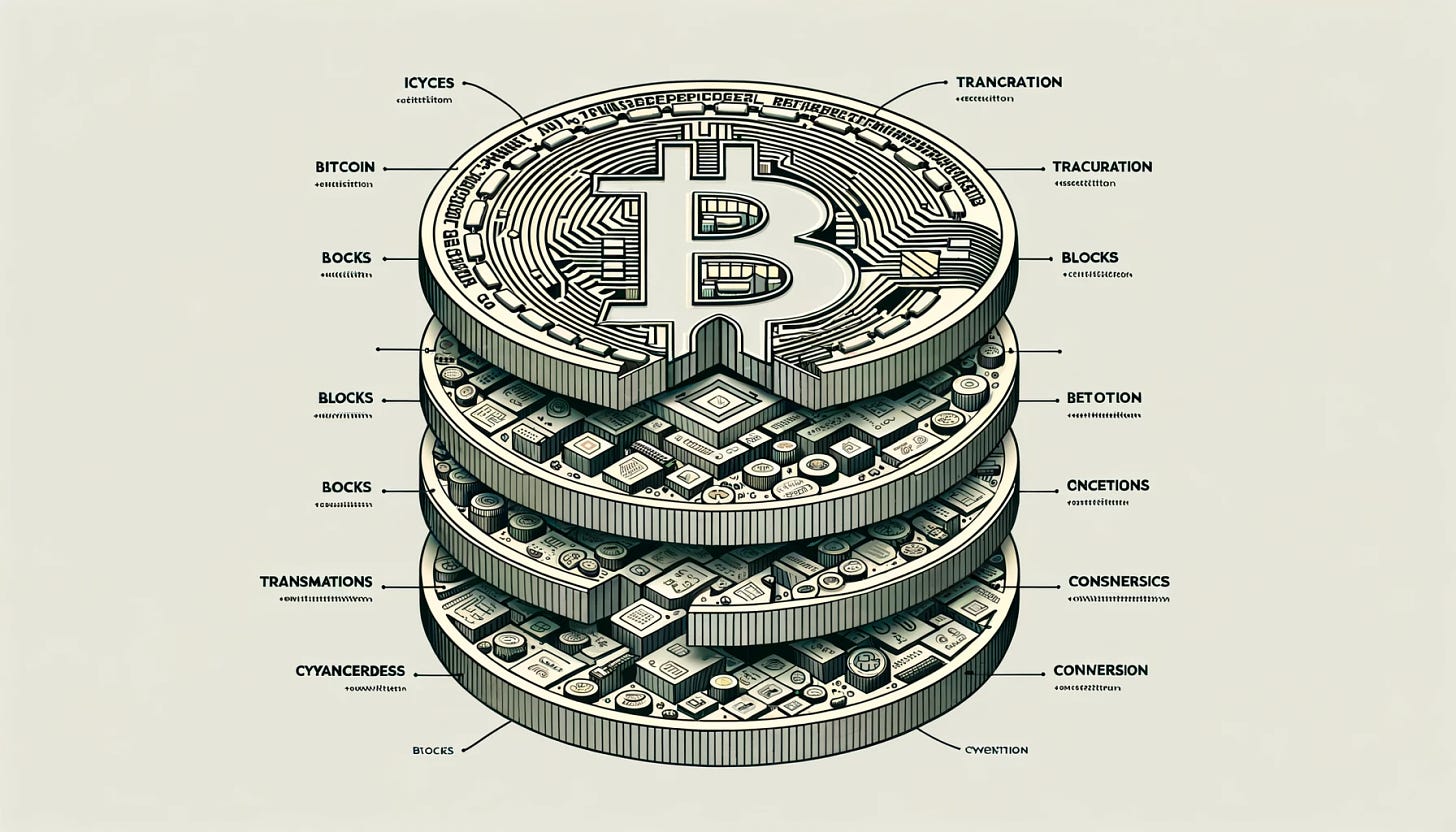 Exploded diagram that breaks down a Bitcoin into its foundational elements. The outer layer represents the digital coin itself, followed by intricate patterns symbolizing encryption. Further inwards, representations of blocks, transactions, and consensus mechanisms are highlighted. Each segment is meticulously labeled for clarity.