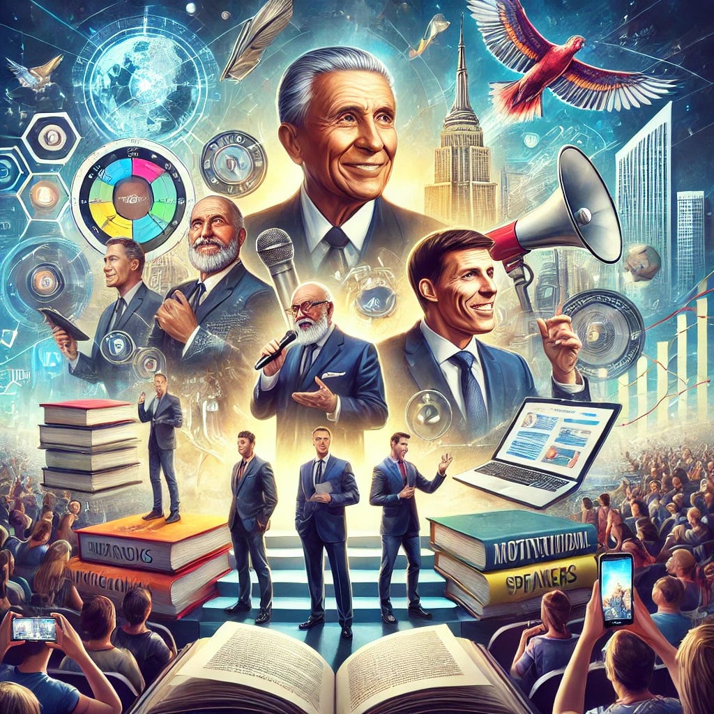 An artistic depiction of modern-day motivational giants, showcasing influential figures like Norman Vincent Peale and Tony Robbins. The image includes a dynamic scene with books, microphones, and stages, symbolizing the rise of motivational speakers and authors. In the background, elements such as modern skyscrapers and digital devices represent the global spread of self-help ideas through books, seminars, and social media. The overall tone is vibrant, with figures speaking confidently to audiences, symbolizing empowerment and inspiration.