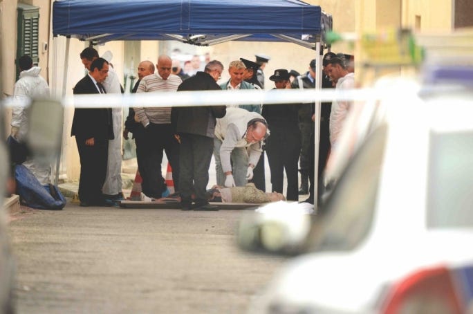 Crime scene  – the dead body of Pietru Cassar, 'il-Haqqa', at the scene of the crime police investigation
