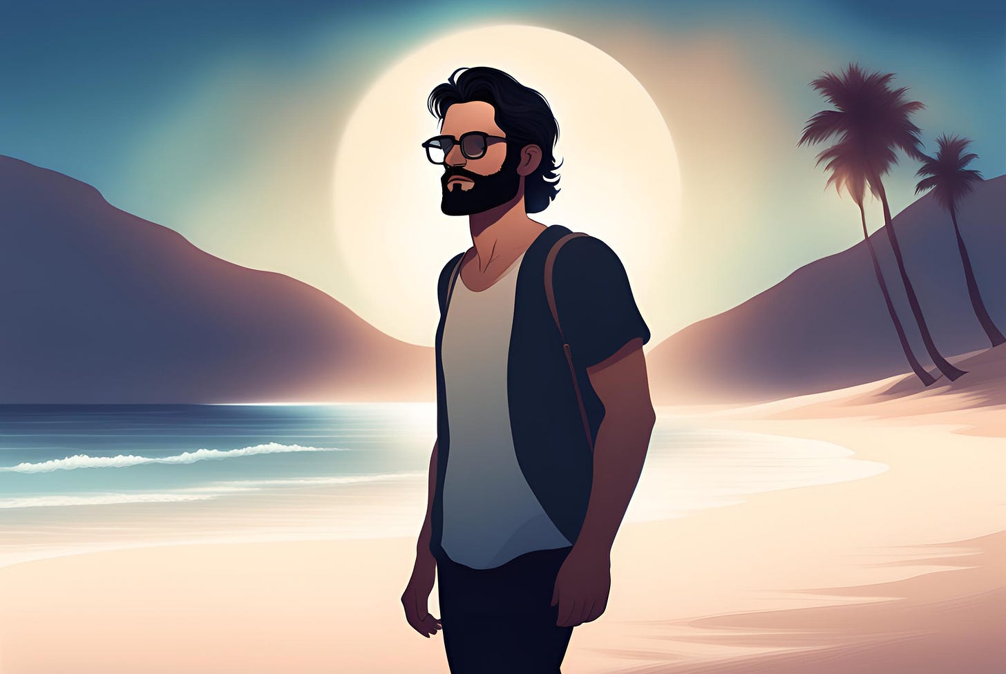 Illustration of a man walking alone on a white sand beach