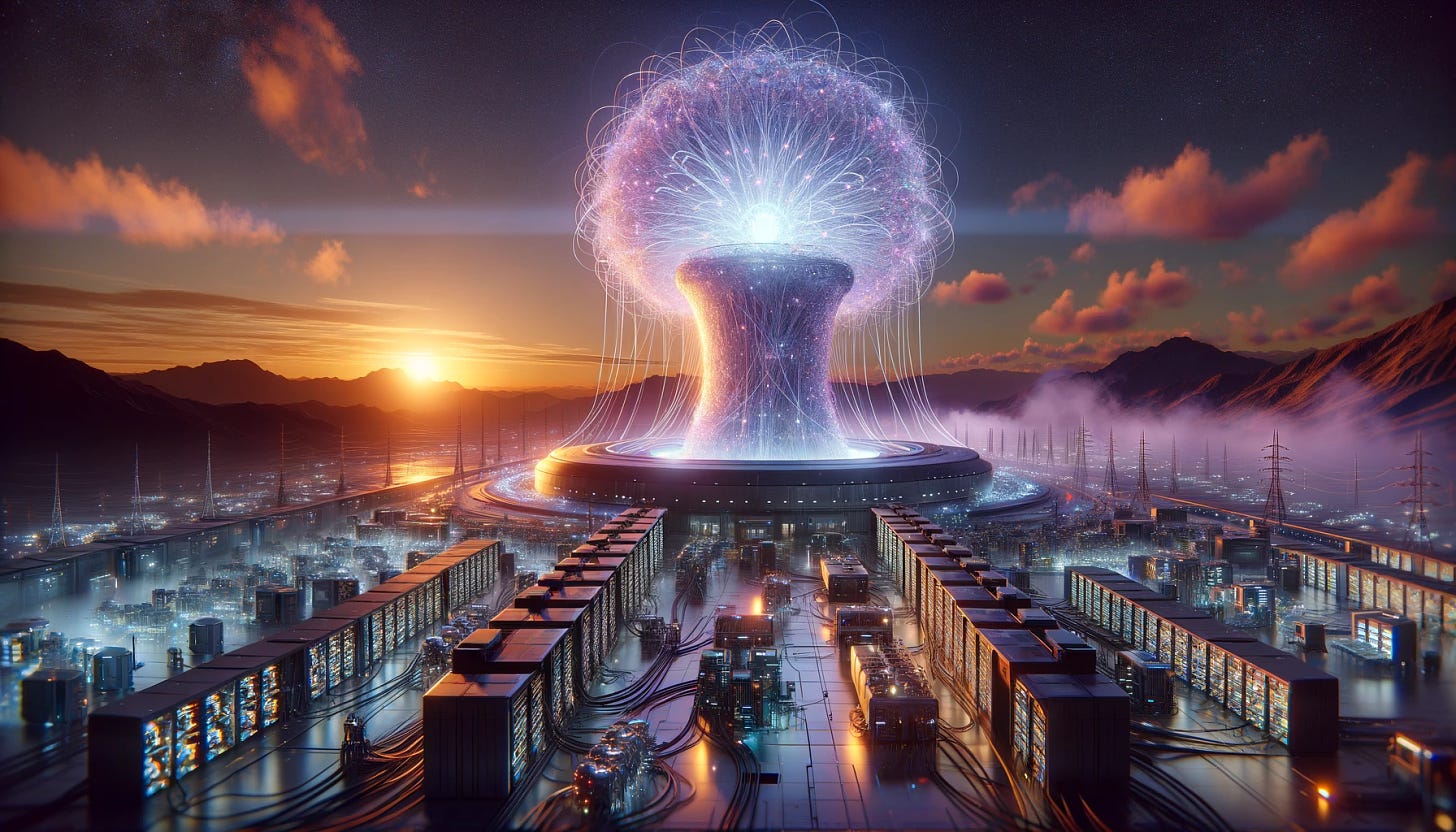 A futuristic landscape where artificial intelligence systems are powered directly by a massive, glowing nuclear reactor. The scene is set at twilight, with the reactor's radiant light casting long shadows across a high-tech facility filled with advanced computing machinery and cables running everywhere. The background shows a stark contrast between the natural landscape and the technological marvel, emphasizing the fusion of nature and technology. The sky is painted with hues of orange and purple, reflecting the setting sun, while the reactor glows with a bright, almost ethereal light.