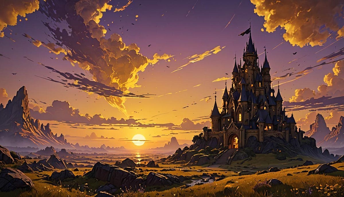 Sunset over fantasy building