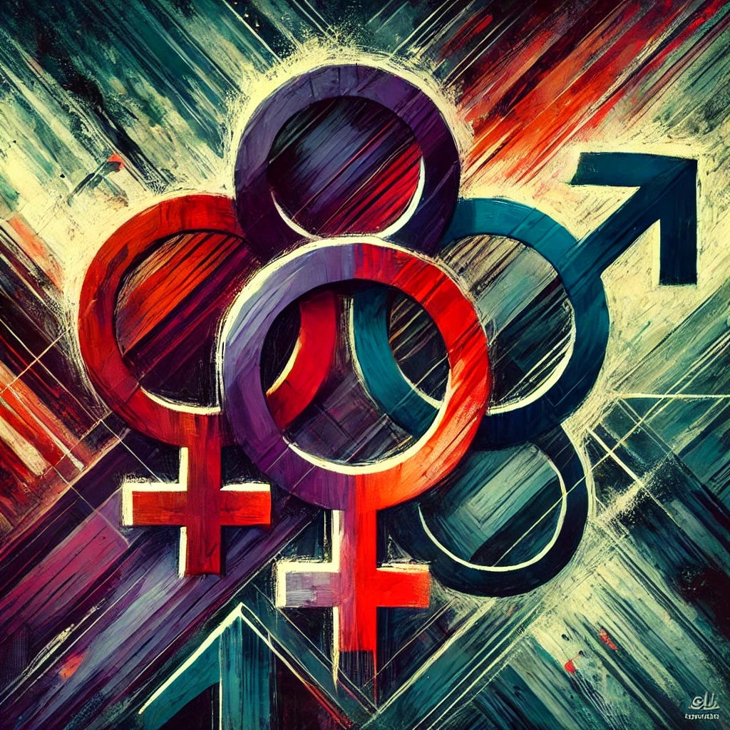 A highly abstract and political painting inspired by women’s friendship networks fighting for social change. In the center, powerful, intersecting circles in intense red, dark purple, and orange symbolize unity and strength in political struggle. Around the circles, sharp, angular shapes in deep navy and teal evoke the force and resistance of activism. The background is layered with rough, expressive brushstrokes in shades of green, dark blue, and gray, adding a sense of movement and urgency. The composition is flat and abstract, focusing on bold shapes and colors to represent resilience, defiance, and solidarity. Square format, 1024x1024 pixels.