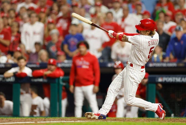 Bryson Stott of the Philadelphia Phillies hits a grand slam during the sixth inning against the Miami Marlins in Game Two of the Wild Card Series at...