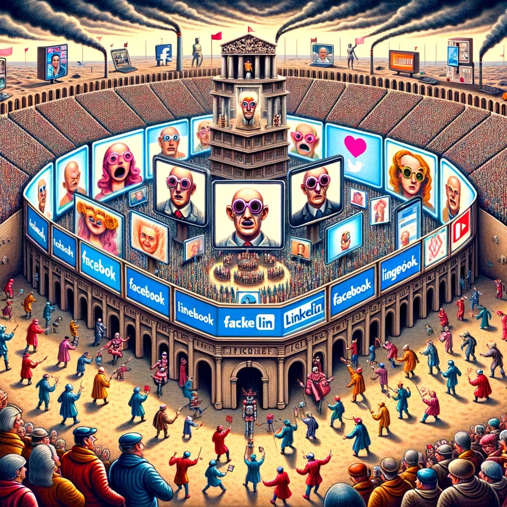 A satirical and exaggerated illustration depicting the concept of 'The Grand Illusion of Anti-Social Media' in a modern Potemkin Village, without any words or text. The scene shows a digital colosseum, symbolizing the internet, filled with characters representing social media users. These characters are depicted with rose-colored glasses, interacting with screens showing perfect lives, but their surroundings are dull and mundane. There are representations of Facebook, LinkedIn, and other social platforms, where the interactions are superficial and the connections are distant. In the background, media moguls and TV pundits are shown as puppeteers, manipulating stories. The style is cartoonish and exaggerated, with an emphasis on the contrast between the shiny, perfect digital world and the less glamorous reality, symbolizing the theme of deception in the digital age.