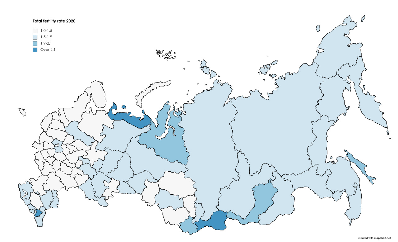 Total fertility rate in Russia by first level administrative regions, 2020.