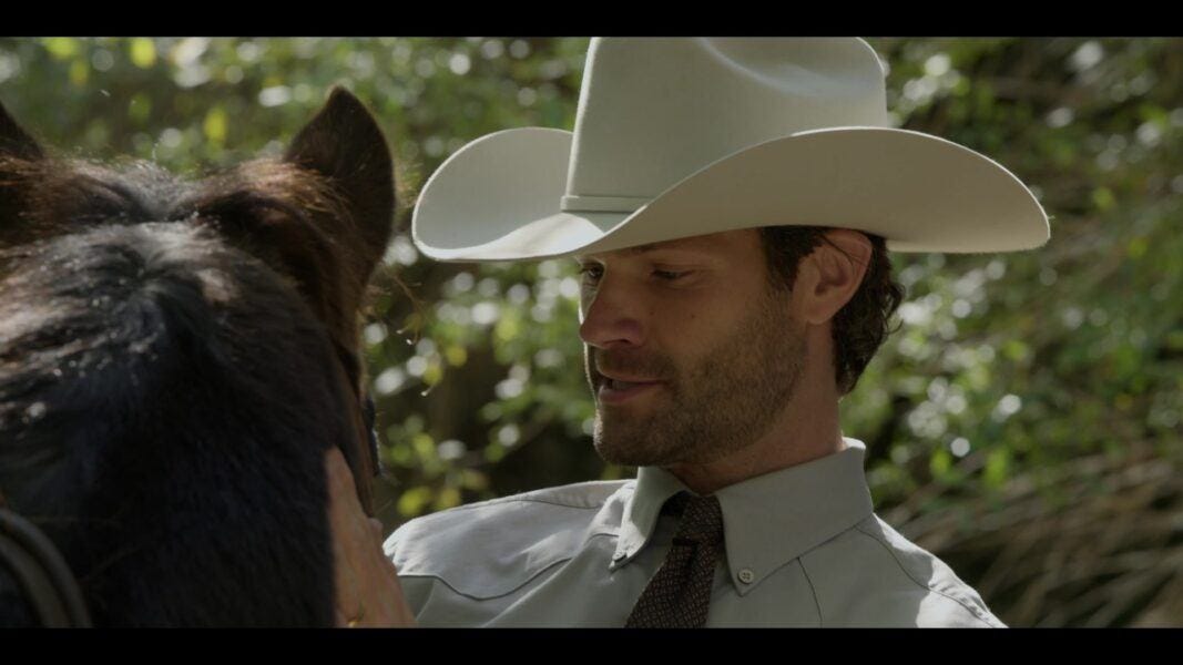 Jared Padalecki giving horse pet and sugar cube in Walker 102