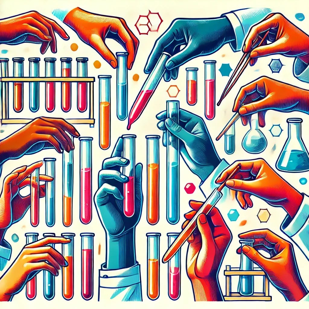 Multiple hands hold test tubes of different colors. This represents the importance of experimentation as a team, to build intuition of a genAI system's capabilities. Multiple hands hold test tubes of different colors. This represents the importance of experimentation as a team, to build intuition of a genAI system's capabilities.