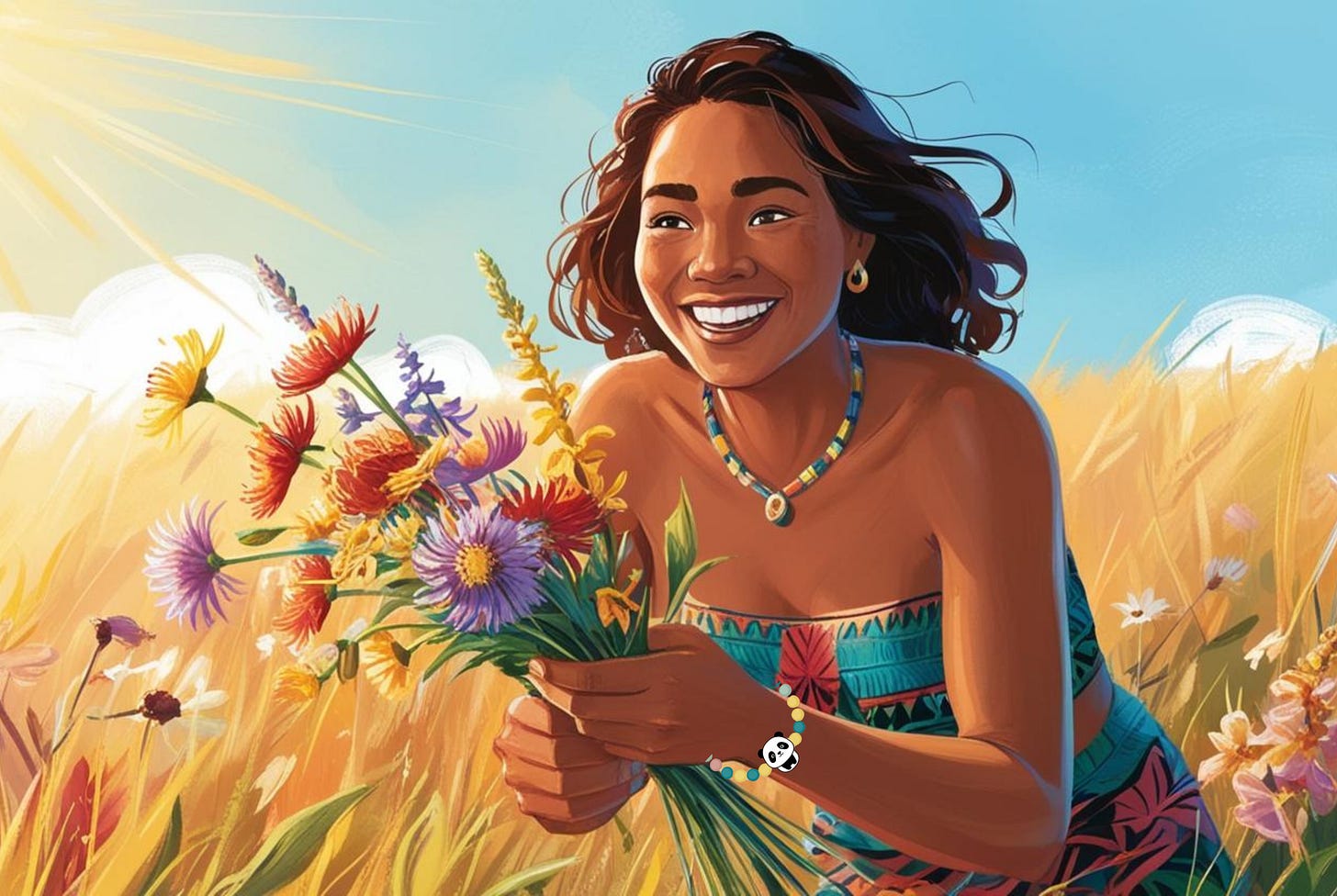 Illustration of a woman smiling while picking wildflowers on a sunny day