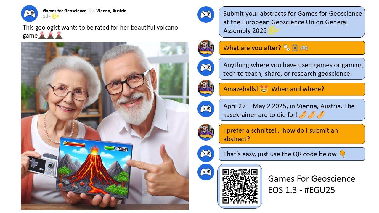 Advert for the Games for Geoscience Session. Details in post.