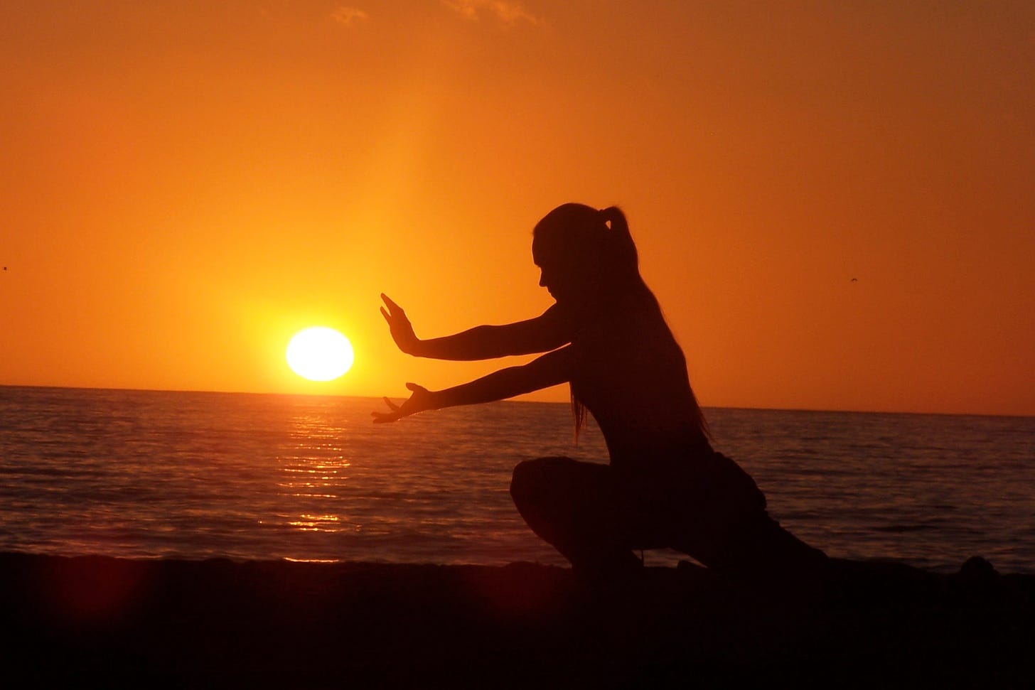 Silhouette of a woman in a deep martial lunge along the beach at sunset. Is she capturing the sun? Or is it shooting from her outstretched hands?