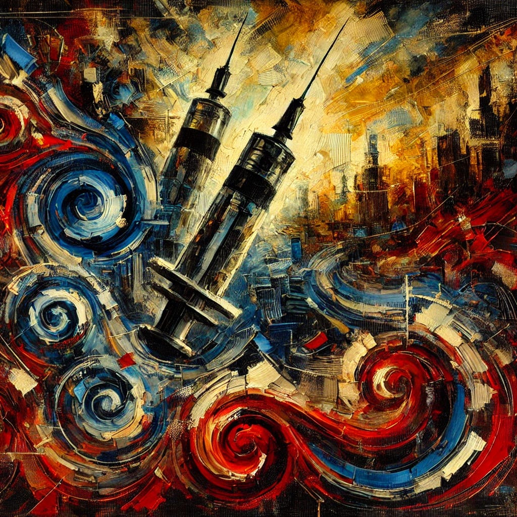 An abstract oil painting with thick, expressive brush strokes inspired by the historical smallpox vaccination controversy. The composition uses deep reds, dark blues, and golden hues to symbolize conflict, resistance, and social inequality. Swirling textures and layered paint evoke the tension between public health policies and personal liberty, while shadowy forms suggest the division between scientific skepticism and medical authority. The painting conveys urgency and complexity, capturing the historical struggle through bold, dynamic strokes and rich color contrasts.