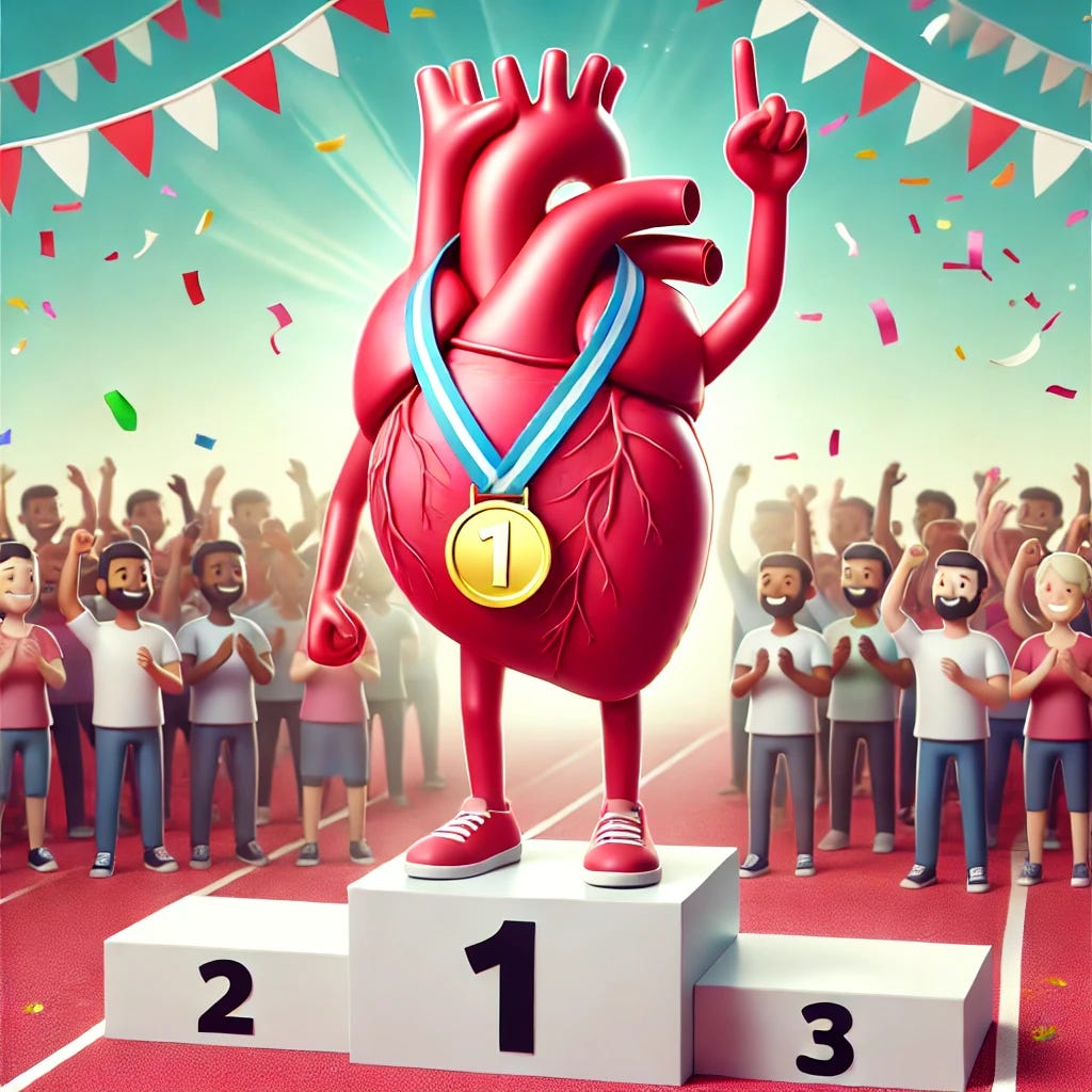 A human heart standing on a podium in first place after a race, receiving a gold medal. The heart has a victorious expression and is surrounded by cheering crowds. The scene is colorful and dynamic, with confetti falling and a bright background.
