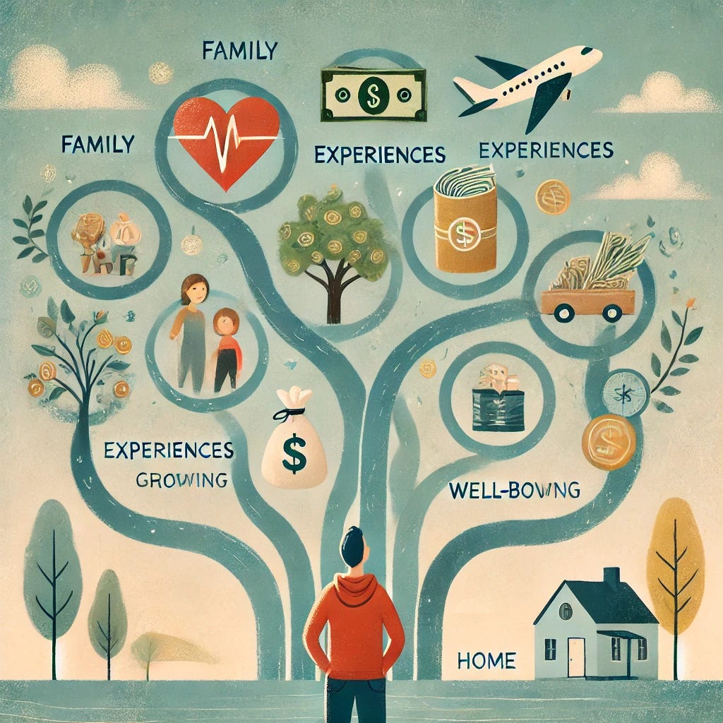 A calming and professional illustration representing the concept of values-based spending and mindful financial choices. The image features a person looking at a flow of money represented as streams leading to different symbols like a heart (for relationships), a family, a plane (for travel), a book (for learning), and a small house (for home). Each stream is labeled with words like 'Family,' 'Experiences,' 'Well-being,' and 'Growth,' showing how money can align with personal values. The background is soft with neutral tones of blues, greens, and golds, creating a peaceful and positive atmosphere.