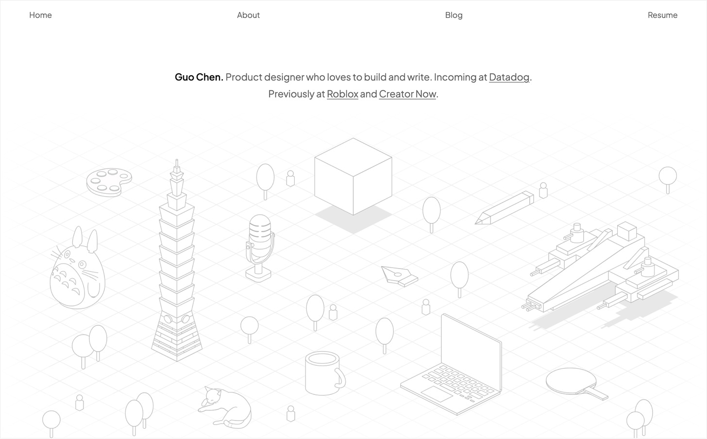 Guo's final portfolio home page displaying a centered text and isometric illustrations below