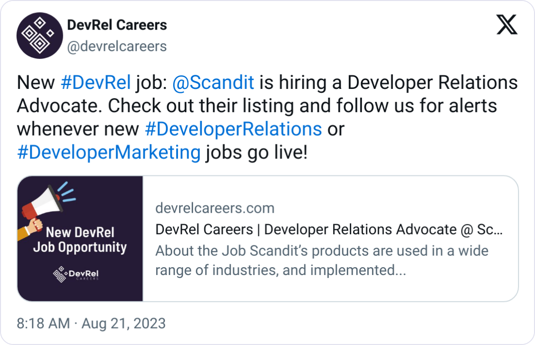 DevRel Careers @devrelcareers New #DevRel job:  @Scandit  is hiring a Developer Relations Advocate. Check out their listing and follow us for alerts whenever new #DeveloperRelations or #DeveloperMarketing jobs go live!