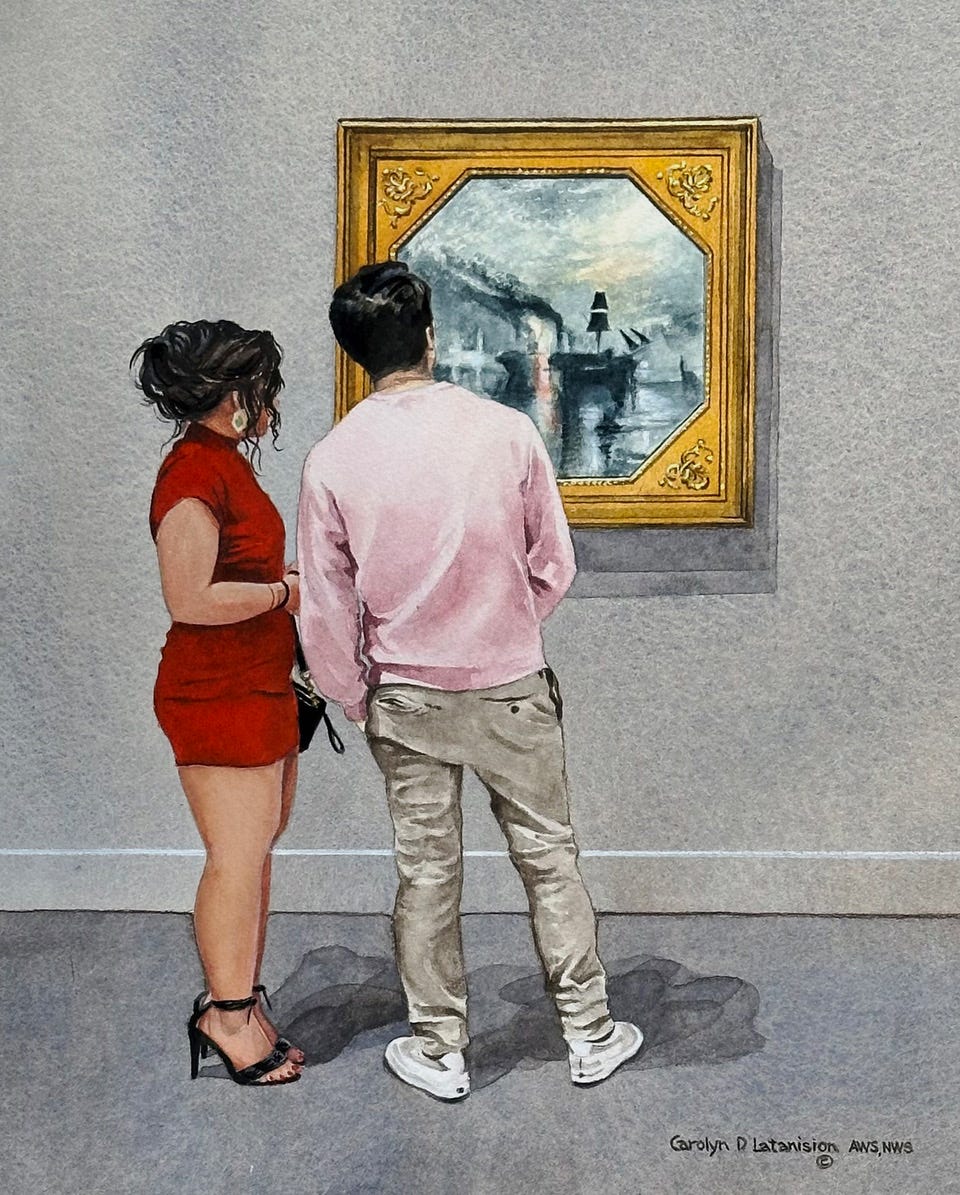 A person and person looking at a painting

Description automatically generated