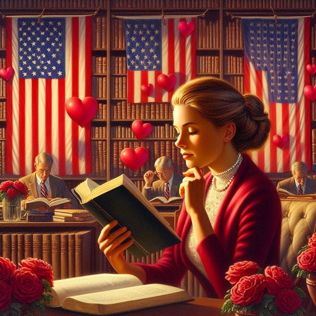 A studious women reads a book in a library decorated with US flags and hearts for both Presidents' Day and Valentines' day in the style of a Thomas Kinkade painting.