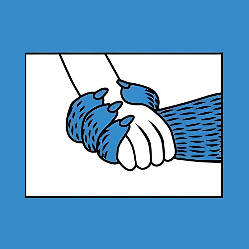 Cartoon-style image of a hairy blue monster hand with claws grabbing a human hand. The hands are clasped tightly against a white background with a blue frame.