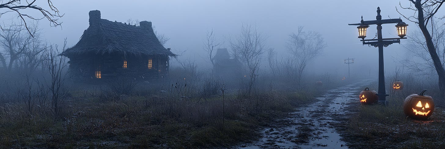 In a foggy, desolate landscape, a rustic cabin with dimly lit windows sits among bare trees and tall grasses. A muddy path lined with carved jack-o'-lanterns stretches past an old-fashioned lamppost, leading into the misty distance. The glowing pumpkins cast an eerie, haunting light, contrasting with the dark, gloomy surroundings and amplifying the spooky, abandoned feel of the scene.