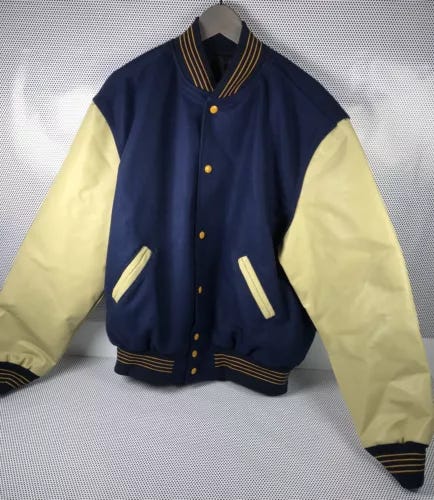 Vintage USA Holloway Varsity Jacket Mens L Black Gold Tan Leather Wool Sports - Picture 1 of 13