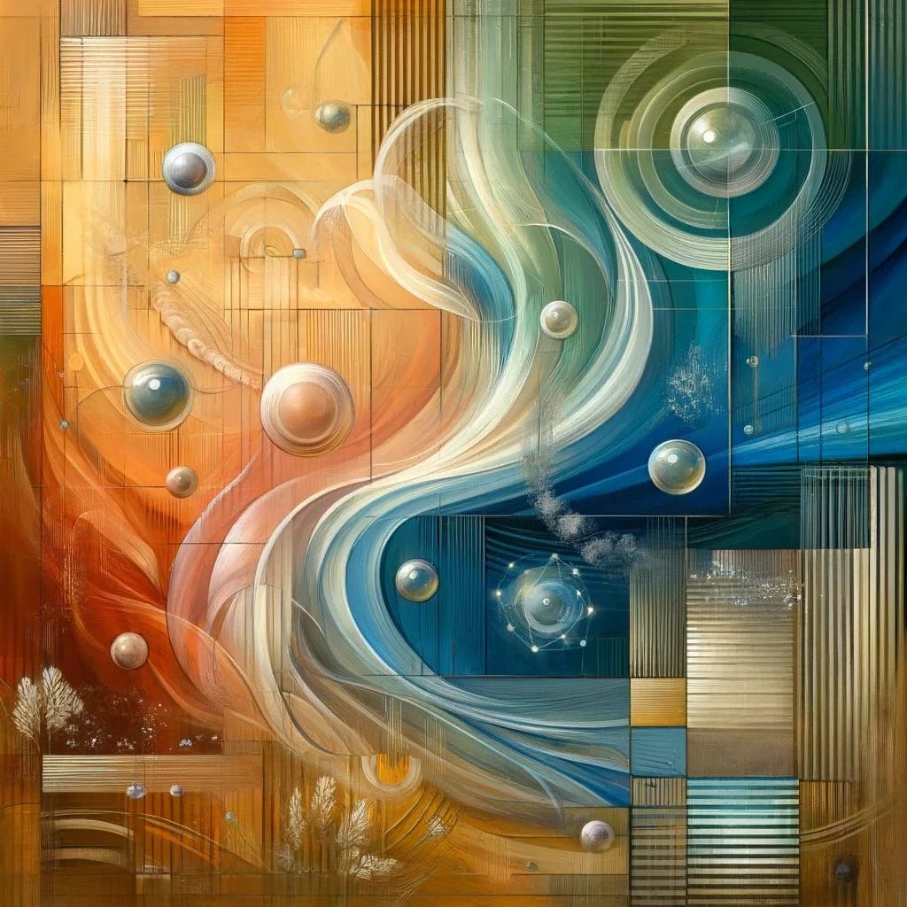 A beautiful and refined abstract painting that artistically captures the modern world's reliance on plastic. Use harmonious, flowing shapes and elegant brushstrokes to depict different sectors: transparent, floating forms in pastel blues and greens for packaging; warm, structured rectangles for construction; fine, golden lines weaving across the canvas for global trade; soft, glowing orbs for healthcare tools; and sleek, silver fragments for electronics. The background is a rich tapestry of layered textures in soft orange, deep blue, and gentle cream tones, evoking a sense of balance, energy, and sophistication. The composition should feel uplifting, thoughtful, and visually graceful.